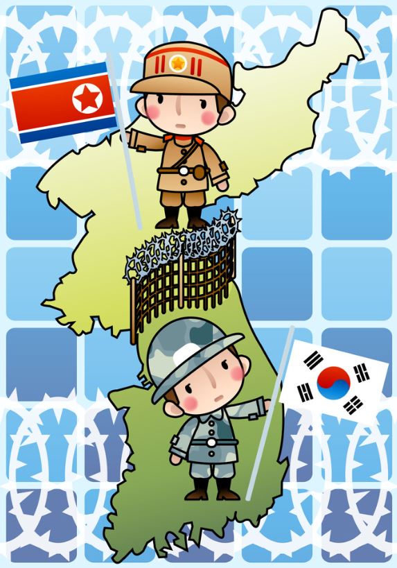 A poster showing a Republic of Korea soldier in the south and a North Korean soldier in the north. The Demilitarized Zone between them symbolizes the division of the country and people, a homogenous people divided by the then Soviet Union in the north and the Allied Forces shortly before World War II in 1945. The Japanese colonialists left the Korean peninsula but their place came the division of the country by half and occupation of the north by a dictatorial Communist regime.