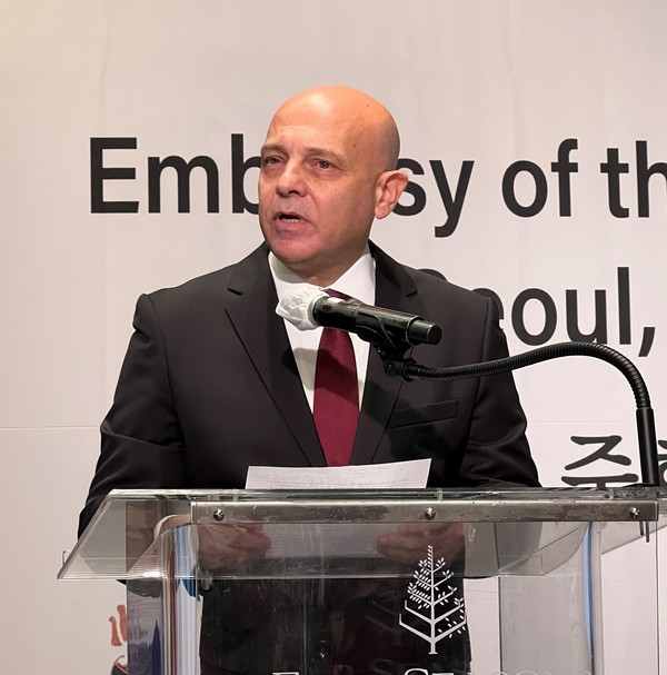 Ambassador Khaled Abdel Rahman of the Egypt makes welcoming remarks at a reception the Embassy of Egypt hosted at the Four Seasons Hotel in Seoul on July 22, 2022 in celebration of the 70th National Day of Egypt.