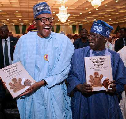 President Muhamadu Buhari of the Federal Republic of Nigeria (left) poses with Senator Bola Ahmed Tinubu.