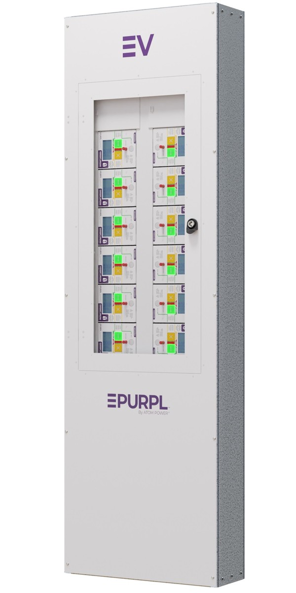 A panel, in which Atom Power's solid state circuit breakers are integrated together. It allows EV charging stations to manage multiple EV chargers at once in one place.