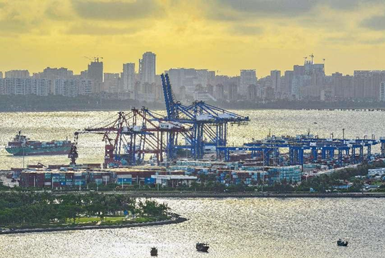 Containers are piled at a port in Haikou, south China's Hainan province, Aug. 29, 2021. (Photo by Wang Chenglong/People's Daily Online)