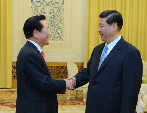 Then Vice Chinese President Xi Jinping meets with then Governor of South Korea's South Jeolla province Park Joon-yung, also then president of the South Korea's Governors' Association, at the Great Hall of the People, April 19, 2012. (Photo courtesy of the Ministry of Foreign Affairs of China)