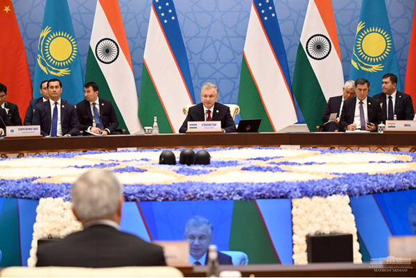 The President of Uzbekistan addresses an expanded Meeting of the Council of Heads of State of the SCO in the city of Samarkand, on September 16
