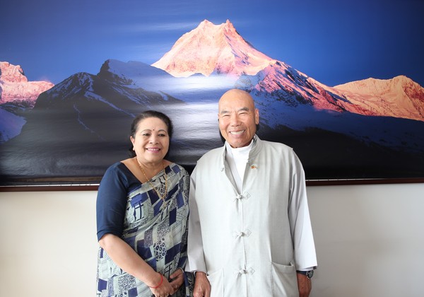 ​Ambassador Prof. Dr. Jyoti Pyakuryal (Bhandari), left, poses with Chief Abbot Ven. Hyang-deok of the Cheonman-sa Buddhist Temple from Ulsan. Ven. Hyangdeok paid a courtesy call on Ambassador Phakuryal before his visit to Nepal to take part various Buddhist religious meetings in Nepal.