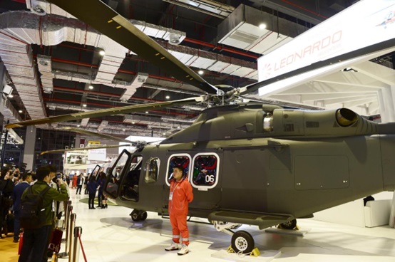 AW139, a helicopter model for emergency medical rescue manufactured by Italy’s Leonardo Group is exhibited at the first China International Import Expo, Nov. 7, 2018. (Photo by Ji Haixin/People’s Daily Online)