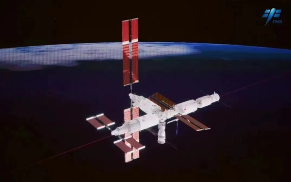 A simulation image of the docking between the Mengtian module and China's space station. (Photo from the China National Space Administration)