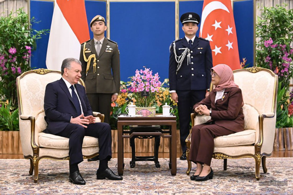 The President of Uzbekistan Shavkat Mirziyoyev and the President of Singapore Halimah Yacob are holding talks, Singapore, January 17.