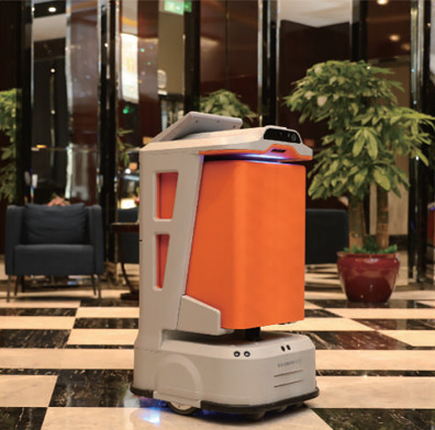 A delivery robot named Segway DeliverBot S2 works in a hotel. (Photo by Wang Yingchi)
