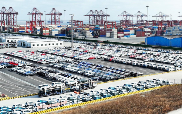 Automobiles are about to be shipped to overseas markets at Taicang port, east China's Jiangsu province, Jan. 10, 2023. (Photo by Ji Haixin/People's Daily Online)