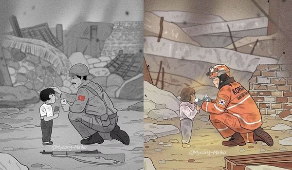 Cartoon illustrator Myung Min-ho expressed the appearance of a Turkiye’s soldier caring for a war orphan during the Korean War and the activities of the Korean emergency services helping a Turkiye’s child affected by the earthquake. /Myung Min-ho's Instagram