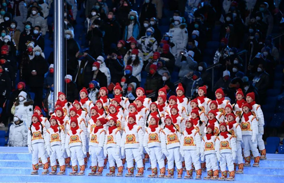 Members of a children's choir sing the Olympic Anthem during the opening ceremony of the Beijing 2022 Olympic Winter Games at the National Stadium in Beijing. (Xinhua/Li Ga)