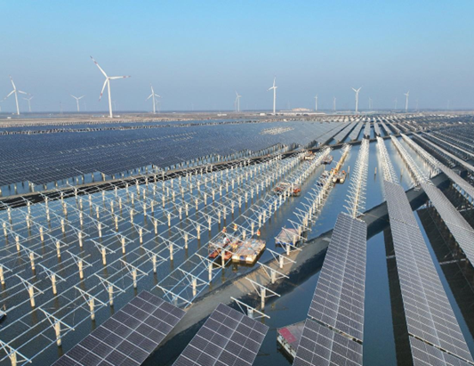 Photovoltaic panels are installed in a fish farm in Rudong county, Nantong, east China's Jiangsu province, Feb. 20, 2023. (Photo by Xu Congjun/People's Daily Online)