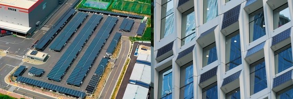 한화큐셀 진천공장 주차장(왼쪽)과 서울 장교동 한화빌딩(오른쪽)에 설치된 대표적 분산에너지 자원인 태양광 발전소