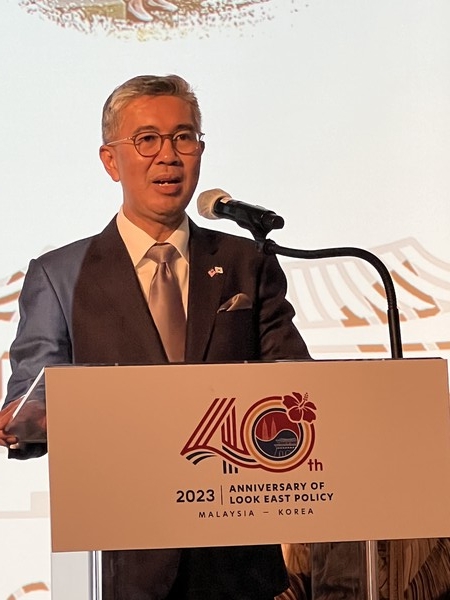 Malaysia's Minister of International Trade and Industry Tengku Zafrul Aziz of Malaysia delivers a speech at a gala event to mark the 40th anniversary of the Look East Policy held at the Four Seasons Hotel in Soul on March 15, 2023.