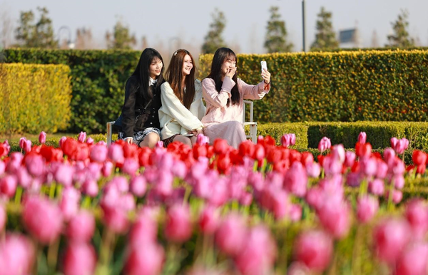 Visitors pose for pictures in a flower-themed scenic spot in Fengcheng, east China's Jiangxi province, March 6, 2023. (Photo by Wang Kun/People's Daily Online)