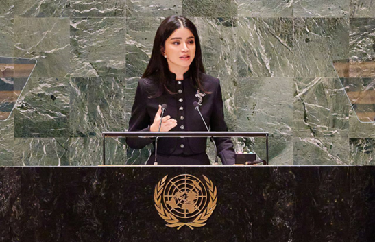A member of the delegation of Uzbekistan Saida Mirziyoyeva speaks at the headquarters of the United Nations in New York, on March 23, 2023.