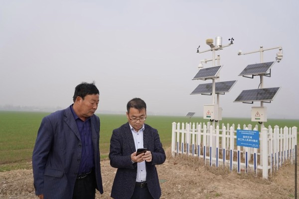 A staff member talks with a grain grower about his experience of using an application designed for helping farmers with agricultural production, in a wheat field in Changshan township, Zouping city, east China's Shandong province. (Photo by Li Xiaowei/People's Daily Online)