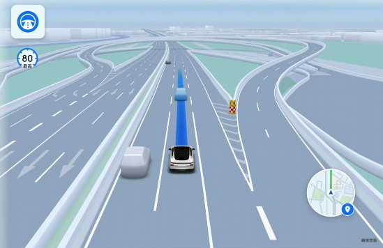 A screenshot of the lane-level navigation application of AMAP on a vehicle of XPENG, a Chinese manufacturer of electric cars.