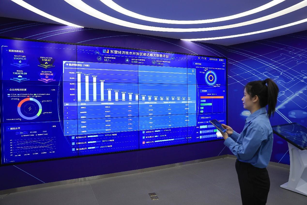A staff member of an industrial internet innovation center in Dongying, east China's Shandong province, checks the real-time energy consumption of local enterprises on a big data platform. (Photo by Zhou Guangxue/People's Daily Online)