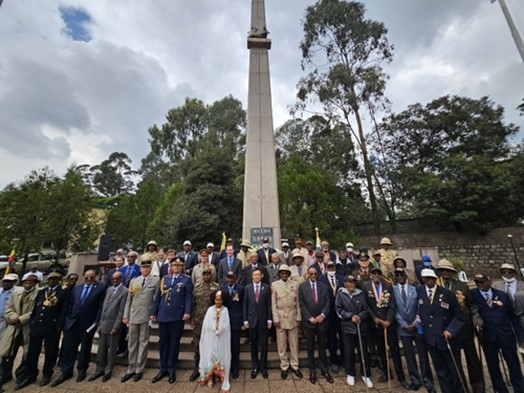Korean War veterans and their descendants in Ethipopia gather at the ceremony to mark the 70th anniversary of their participation in the Korean War in front of the Korean War Memorial in Addis Ababa, the capital city of Ethiopia.