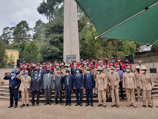 Korean War veterans and their descendants in Ethipopia gather at the ceremony to mark the 70th anniversary of their participation in the Korean War in front of the Korean War Memorial in Addis Ababa.