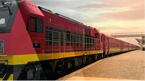 An Angola railway station with a modern train and passenger cars.