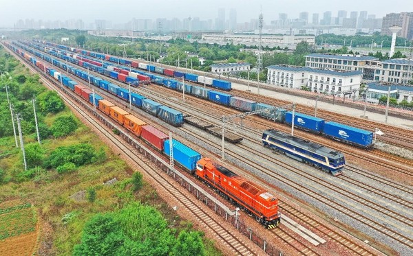 China-Europe freight trains are ready to depart in Zhengzhou, central China's Henan province, July 3, 2023. (Photo by Wang Wei/People's Daily Online)