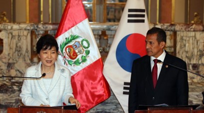 The then President Park Geun-hye of Korea speaks at a summit meeting with the then President Ollanta Humala of Peru in Lima, Peru, on April 20, 2015.