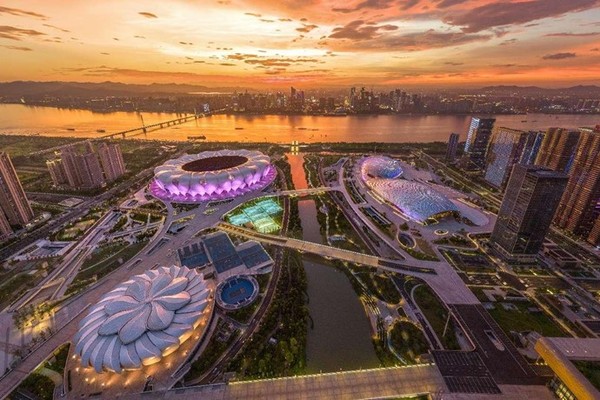 Photo shows an aerial view of the Hangzhou Olympic Sports Center cluster, the main venue for the 19th Asian Games to be held in Hangzhou city, capital of east China's Zhejiang province.
