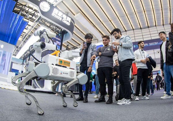 A robot is exhibited at the Light of Internet Expo of the 2023 World Internet Conference Wuzhen Summit in Wuzhen, east China's Zhejiang province, Nov. 7, 2023. (Photo by Zhai Huiyong/People's Daily Online)