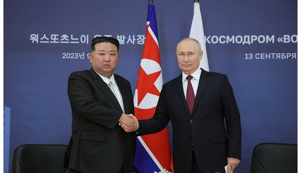 North Korean leader Kim Jong-un (L) shakes hands with Russian President Vladimir Putin ahead of their talks at the Vostochny Cosmodrome space launch center in the Russian Far East on Sept. 13, 2023, in this photo released by the North's official Korean Central News Agency the next day. (For Use Only in the Republic of Korea. No Redistribution)