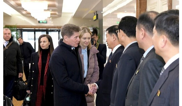 Oleg Kozhemyako (center L), governor of the Russian far eastern region of Primorsky Krai that borders North Korea, shakes hands with North Korean officials during his visit to Pyongyang in this photo taken from the website of the Korean Central News Agency on Dec. 12, 2023. (For Use Only in the Republic of Korea. No Redistribution)