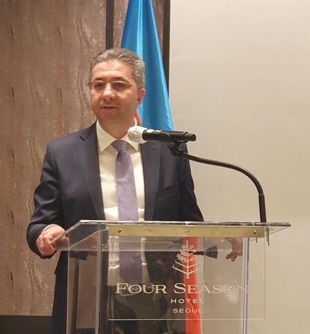Ambassador Ramin Hasanov of the Republic of Azerbaijan speaks to the guests at the reception, saying, “This year marks the crucial occasion in Azerbaijan--the centennial anniversary of the National Leader Heydar Aliyev.”