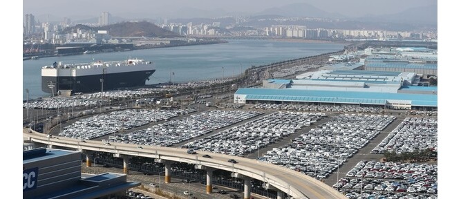 This photo, taken Jan. 27, 2022, shows a Hyundai Motor Co. pier in Ulsan, 299 kilometers southeast of Seoul, packed with cars waiting to be shipped.