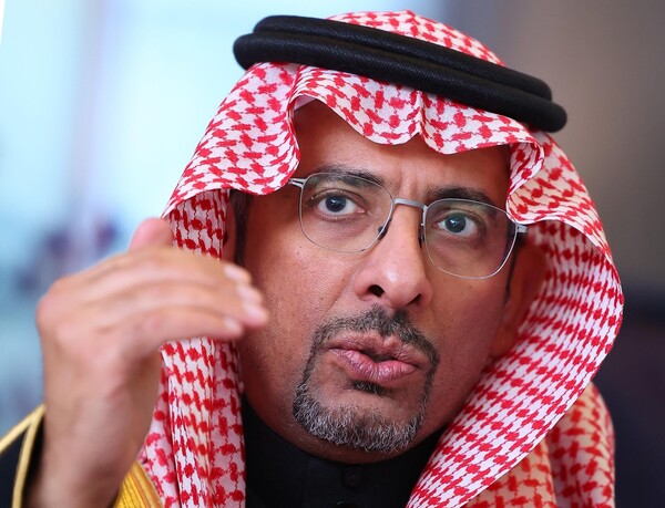 Bandar Alkhorayef, Saudi Arabia's minister of industry and mineral resources, speaks during an interview with Yonhap News Agency at a hotel in Seoul on Dec. 14, 2023.