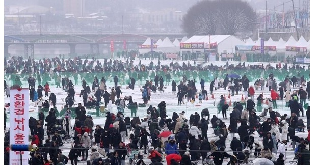 Visitors pack the Hwacheon Sancheoneo Ice Festival in Hwacheon, about 90 kilometers northeast of Seoul, on Jan. 7, 2023.