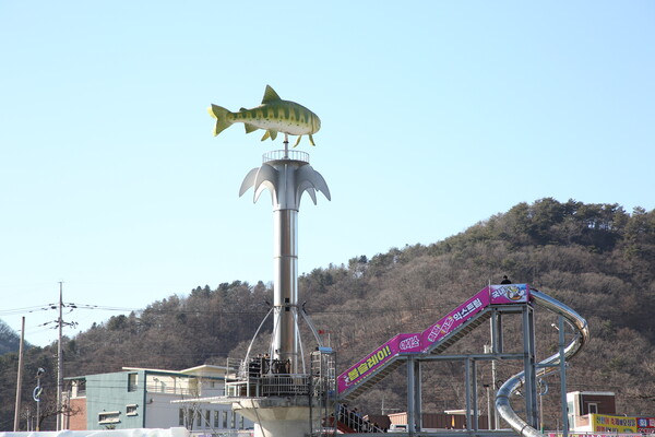 A symbol of the Hwacheon mountain trout on top of an observation tower.