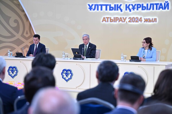 President Kassym-Jomart Tokayev of the Republic of Kazakhstan (center on the rostrum) delivers an addressat the National Kurultai (National Congress) on March 15, 2024