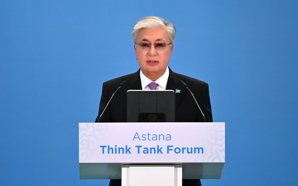 President of Kazakhstan Kassym-Jomart Tokayev delivers a speech during the plenary session of the Astana Think Tank Forum 2024.