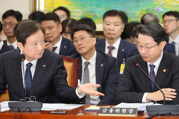 Financial Supervisory Service Governor Lee Chan-jin speaks with Financial Services Commission Vice Chairman Lee Eok-won. (Source: Yonhap News)