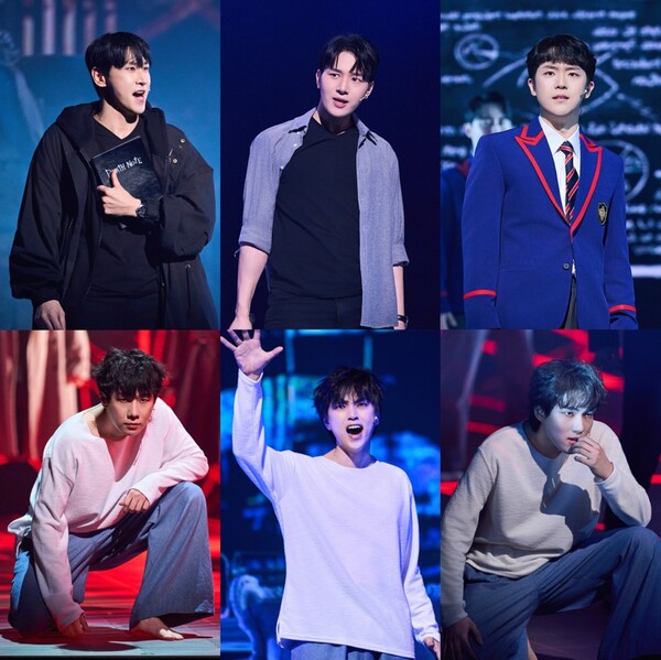 2025 뮤지컬 '데스노트' 공연 사진. ’라이토’ 역 조형균, 김민석, 임규형, ‘엘(L)’ 역 김성규, 산들, 탕준상. (출처: 오디컴퍼니㈜ )