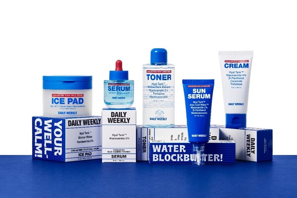 Full lineup of Daily Weekly’s Coollasting range, featuring instant cooling toner, serum, cream, sun serum, and cooling pads. (Source: Daily Weekly)