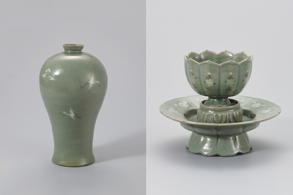 Goryeo celadon vase with inlaid cloud-and-crane design; celadon cup and saucer with inlaid chrysanthemum motifs. (Source: National Museum of Korea)